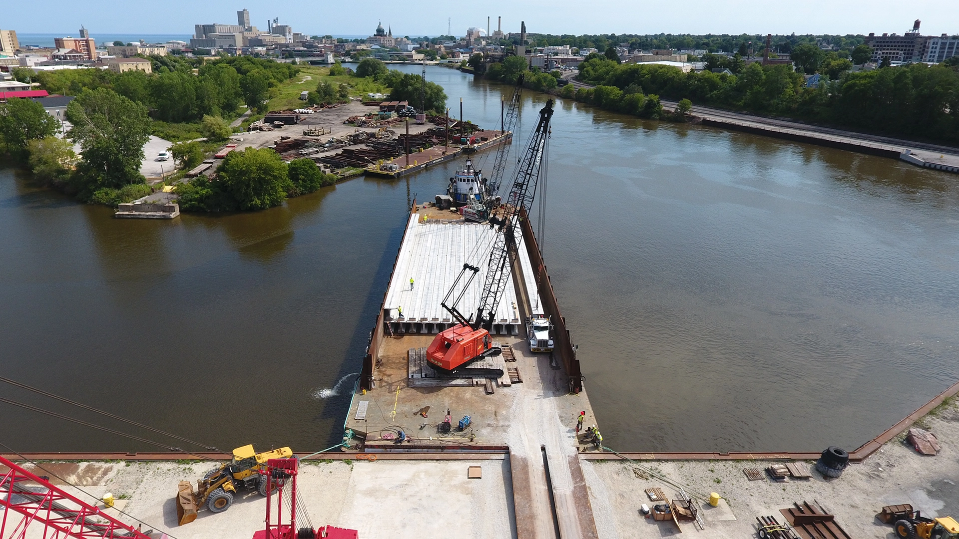 aerial view of crane on barge